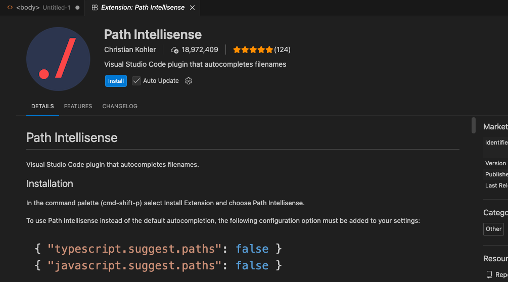 VSCodeの拡張機能ページ。Path Intellisense(作者Christian Kohler)の紹介。名前・説明・青いInstallボタンが並ぶ