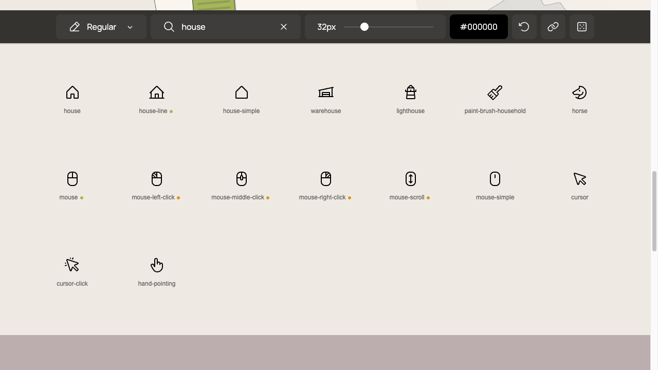 Phosphor Iconsの画面。同じアイコンが細い線から太い塗りまで並び、太さを切り替えられるようになっている