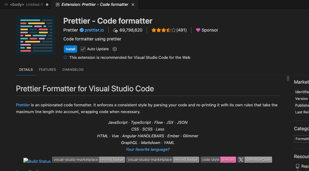 VSCodeの拡張機能ページ。Prettier - Code formatter(作者Prettier)の紹介。名前・説明・Installボタンが並ぶ