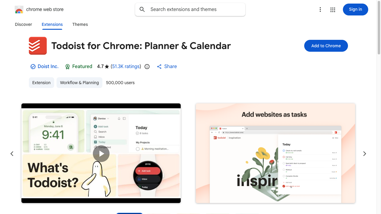 TodoistのChromeウェブストアページ。拡張機能のアイコンと説明、タスク一覧画面、青い「Chromeに追加」ボタンが並んでいる