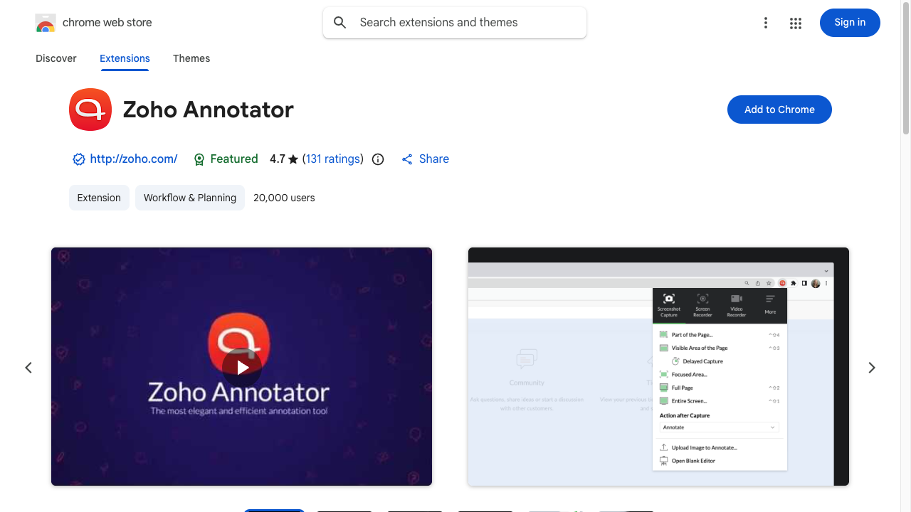 Zoho AnnotatorのChromeウェブストアページ。拡張機能のアイコンと説明、スクリーンショット・画面録画のメニュー画面、青い「Chromeに追加」ボタンが並んでいる
