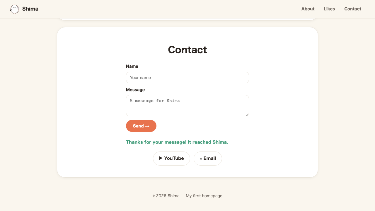 Browser view. Below the “Send” button of the contact form, green text reading “Thanks for your message! It reached Shima.” is displayed