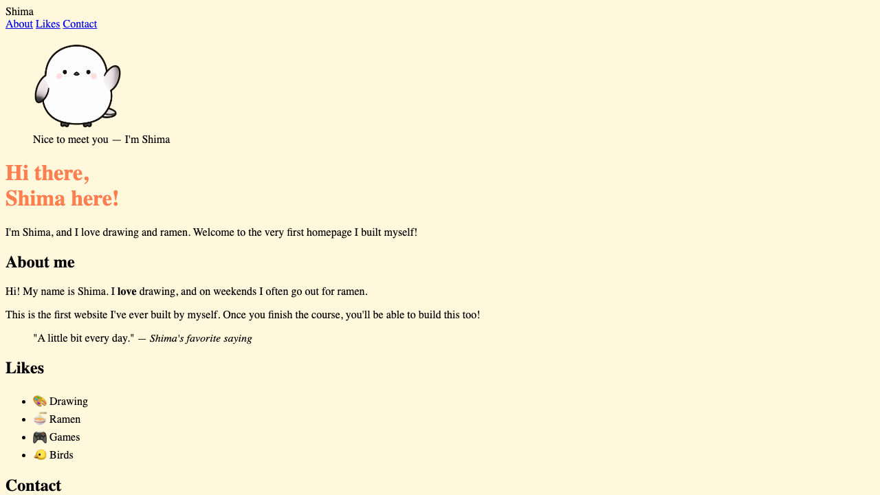 Browser view. On the cream-background page, the name “Shima” appears as a coral-colored heading