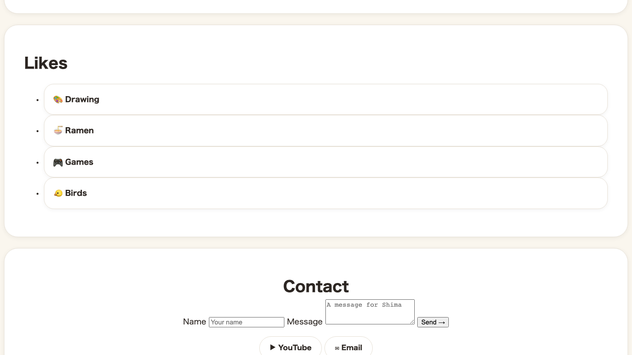 Browser view. Below “Contact,” the YouTube and Email links line up side by side like rounded buttons on a white background
