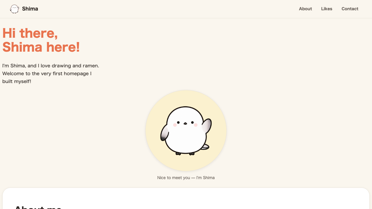 Browser view. In the header, the name is on the left and the menu on the right in a row; Shima’s photo sits on a round backing; and lower down, the YouTube and Email links are centered in a row