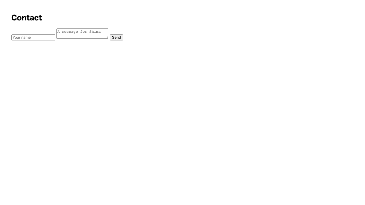 Browser view. Below the “Contact” heading, a one-line name input field, a large message input field, and a submit button are lined up