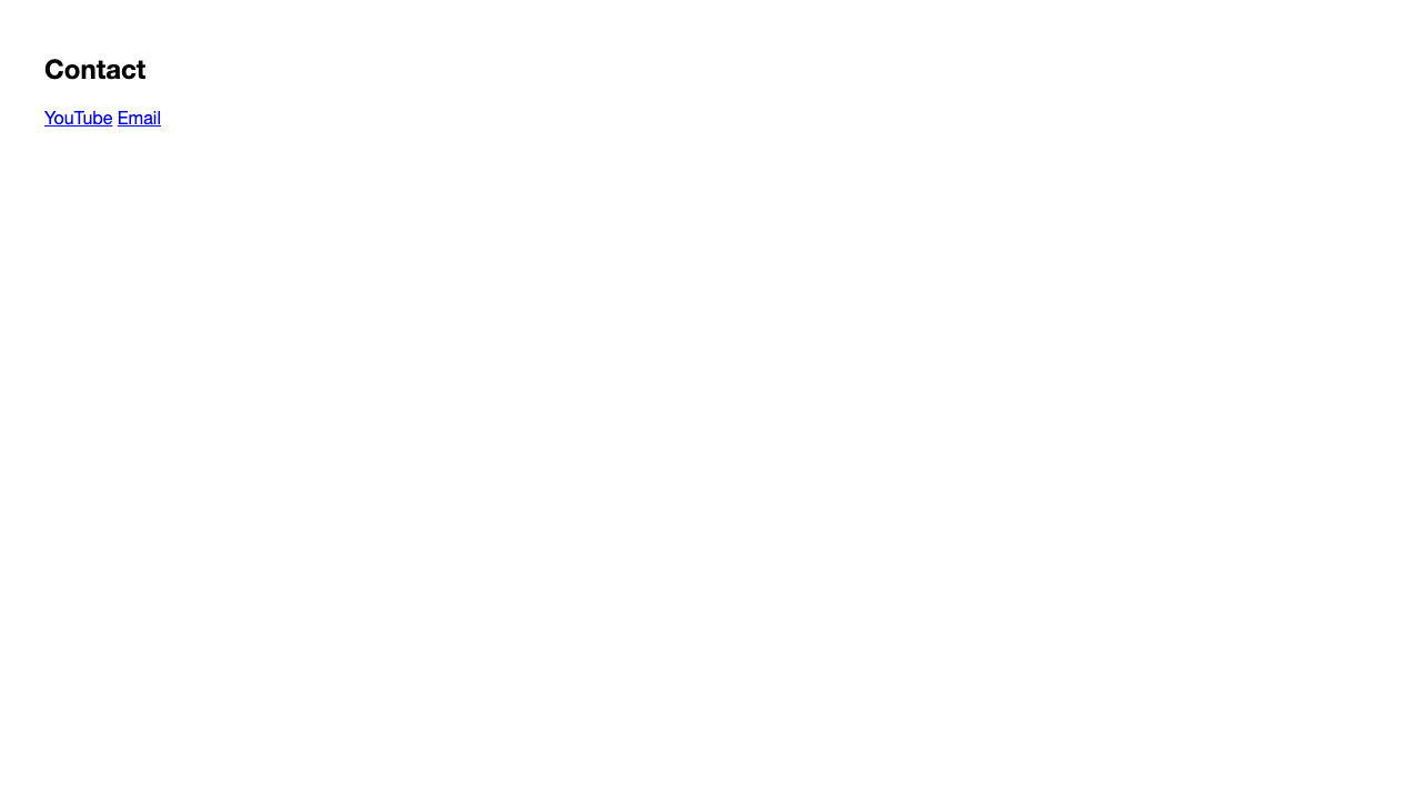 Browser view. Under the “Contact” heading, the YouTube and email links are lined up in blue, underlined text