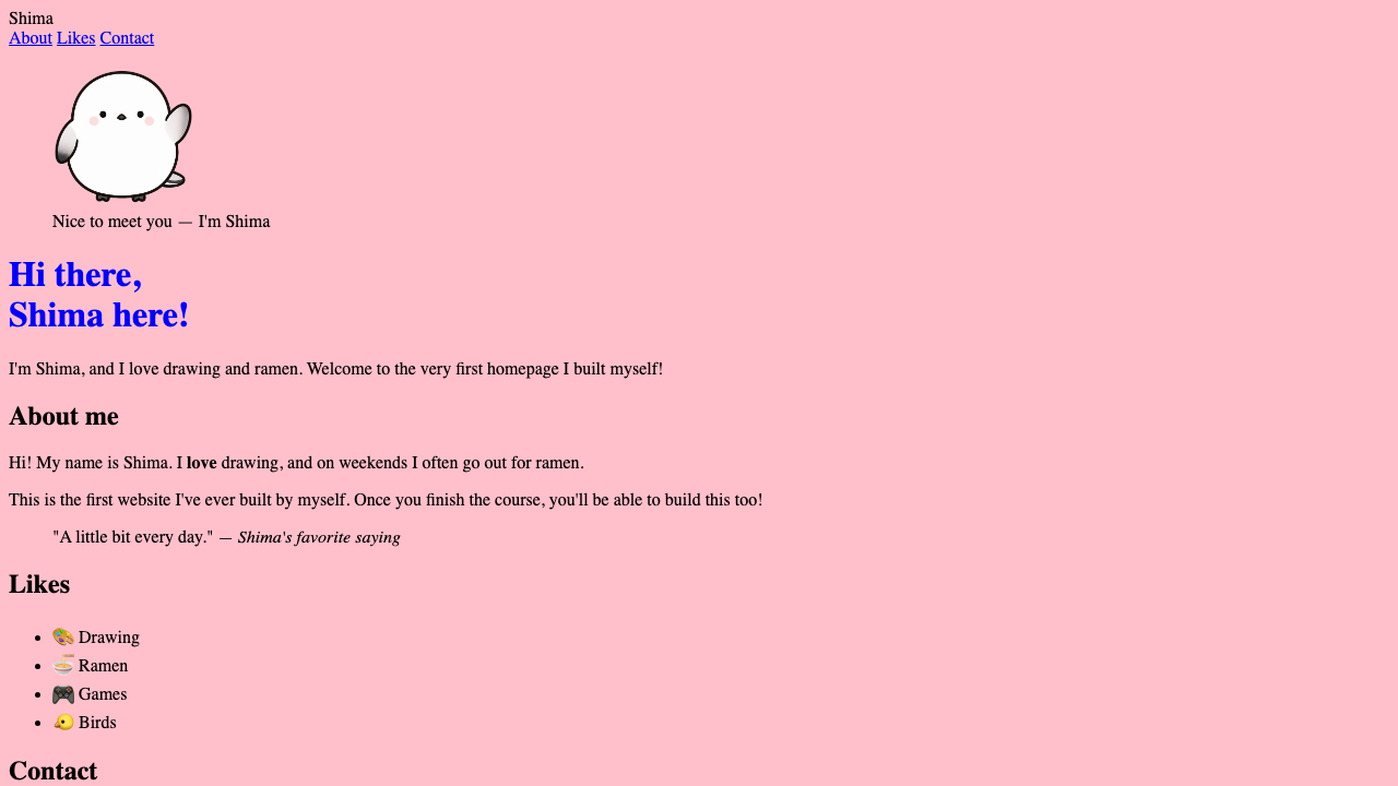 Browser view. Against the pink background, the heading with Shima’s name shows blue text