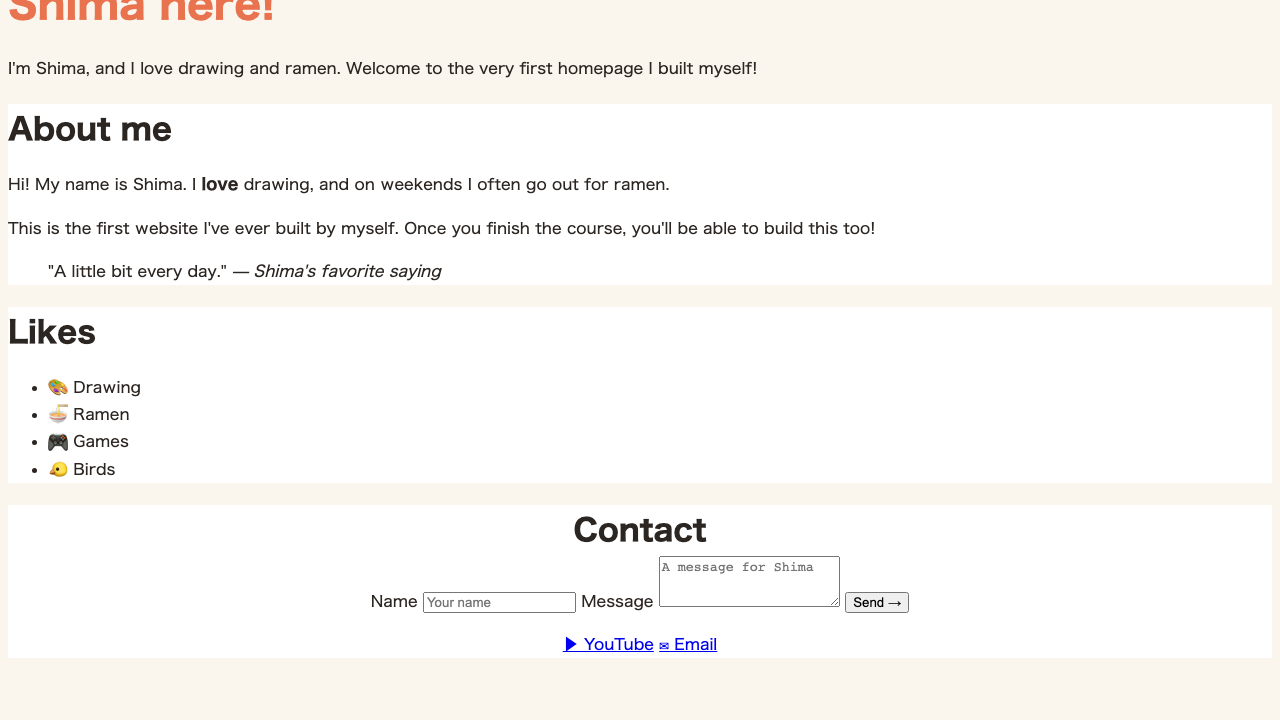 Browser view. The contents of the “Contact” card, heading and all, are shown aligned to the center.
