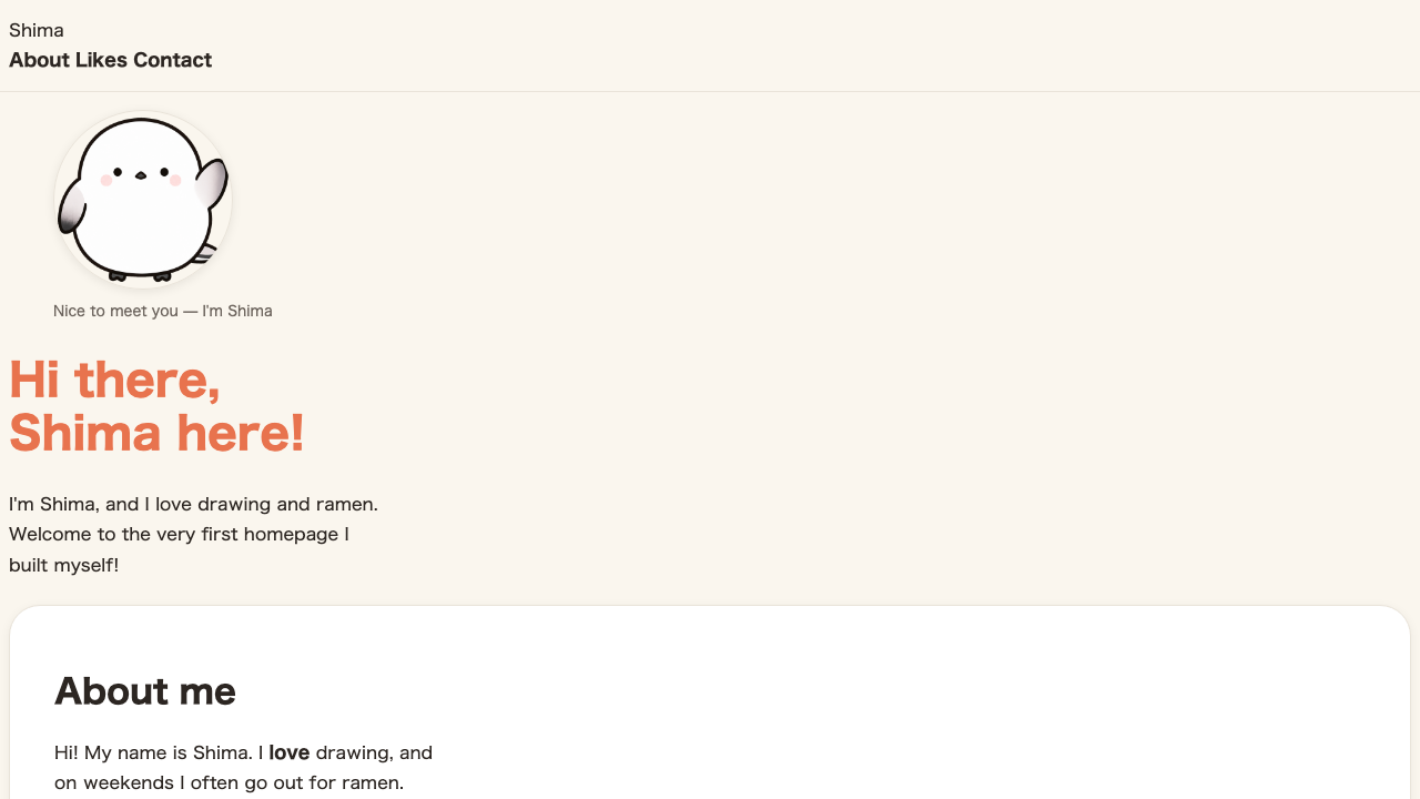 Browser view. Shima’s round photo is tidied into a proper perfect circle, and the greeting text wraps at a readable width